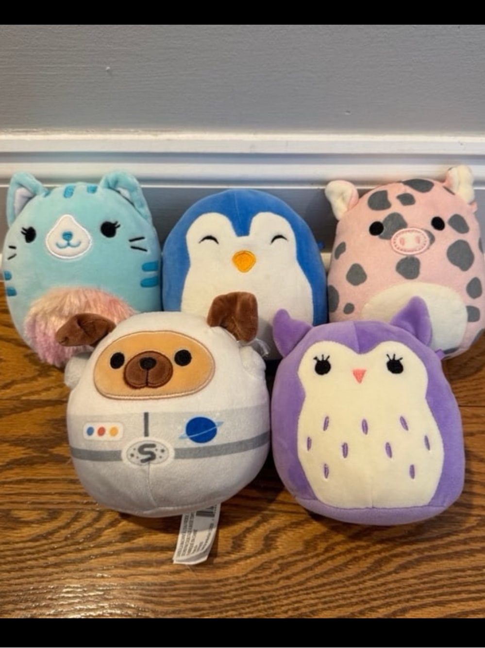 Set of 5 - 5” Squishmallows - pig, cat, penguin, owl, astronaut dog